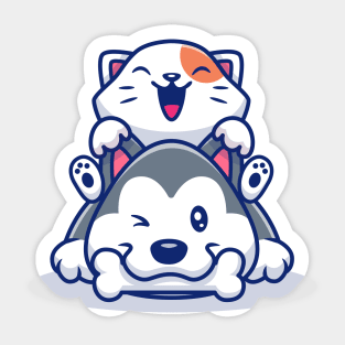 Cute Cat And Dog With Bone Sticker